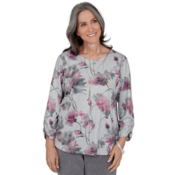 Womens Alfred Dunner Vail 3/4 Ruch Sleeves Floral Blouse
