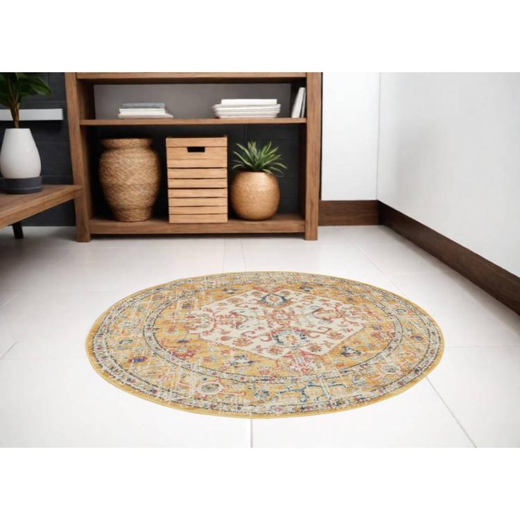 9th & Pike® Ivory and Yellow Medallion Round Area Rug