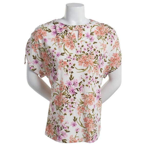 Womens Cure Ruched Sleeve Knit Crepe Floral Split Neck Top - image 