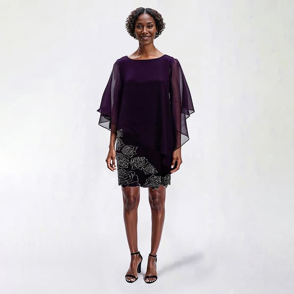 Womens MSK Solid Sheer Rose Bead Trim Shift Dress with Capelet