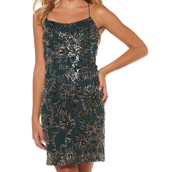 Juniors Crystal Doll  Floral Sequin Strappy Sheath Dress