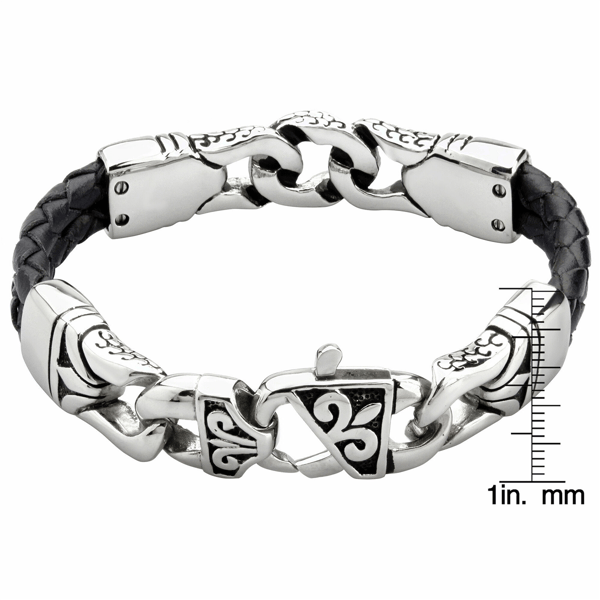 Mens Lynx Stainless Steel & Braided Genuine Leather Bracelet