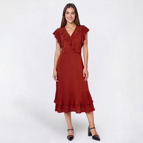 Petite NY Collection Cap Sleeve Ruffle Trim Crepe Midi Dress - image 