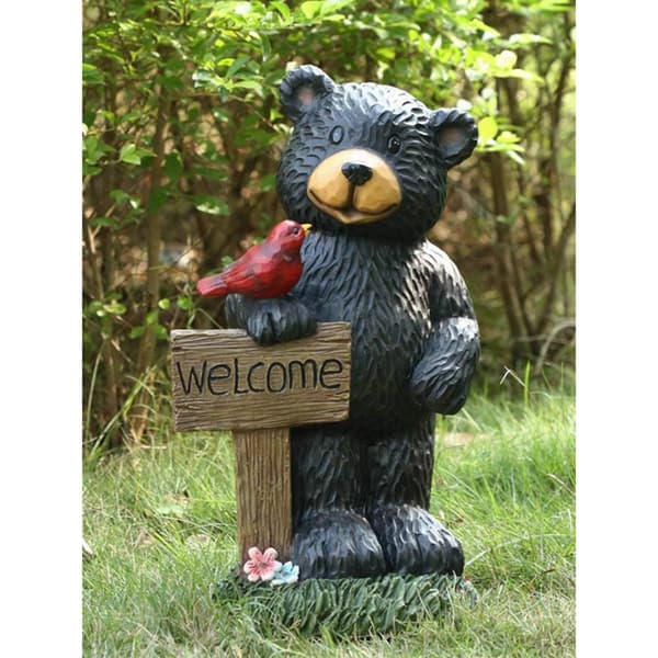 Hi-Line Gift Bear Holding Welcome Sign Garden Statue