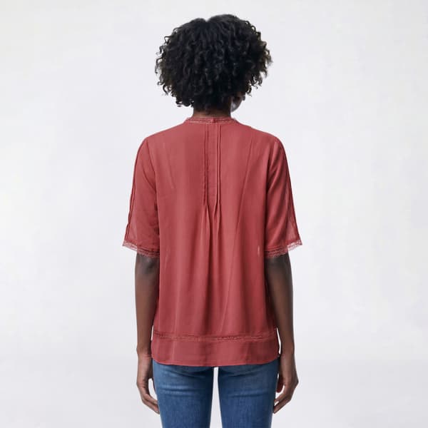 Womens Adrianna Papell Lace Trim Sleeve V Neck Pintuck Blouse