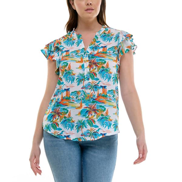 Womens Zac & Rachel Extended Flutter Sleeve Tropical Print