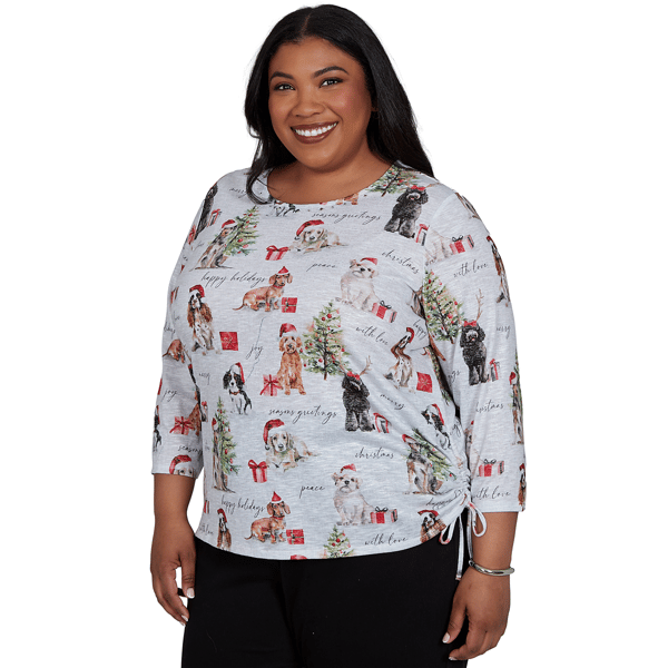 Plus Size Alfred Dunner Classics 3/4 Sleeve Gift Giving Dogs Tee