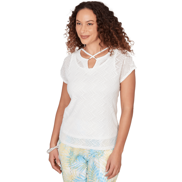 Petite Hearts of Palm Aqua Fresh Honeycomb Mesh Blouse