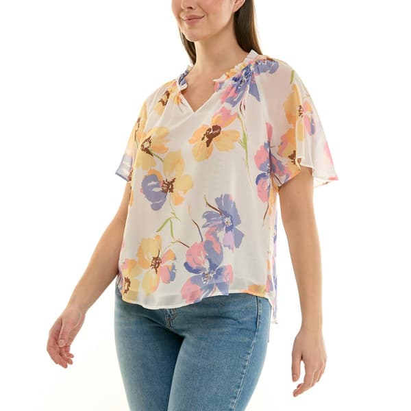 Womens Zac & Rachel Short Sleeve Split Neck Floral Chiffon Blouse