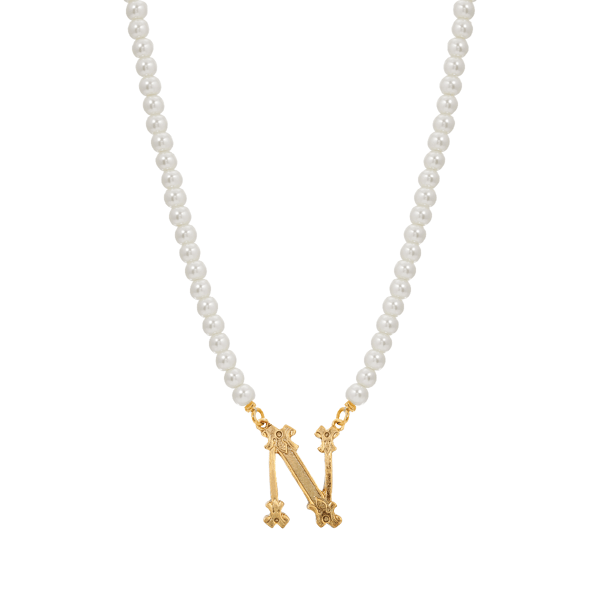 1928 16in. Gold-Tone N Initial Pearl Pendant - image 