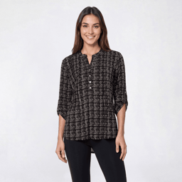 Womens Notations 3/4 Sleeve Geometric Pleated Henley Blouse