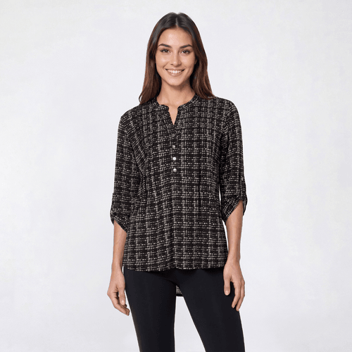 Womens Notations 3/4 Sleeve Geometric Pleated Henley Blouse