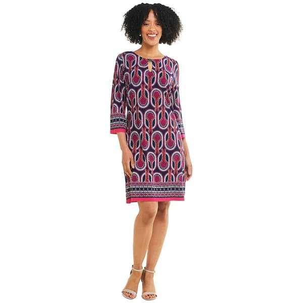 Womens Sandra Darren 3/4 Sleeve Keyhole Neck Border Shift Dress