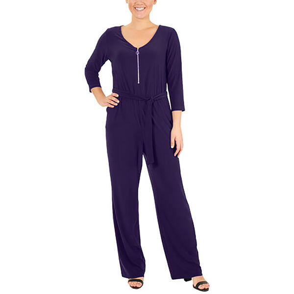 Petite NY Collection 3/4 Sleeve Zipper Front Jumpsuit - image 