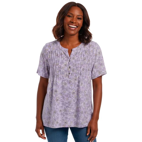 Plus Size Napa Valley Short Sleeve Sketch Floral Henley Blouse - image 