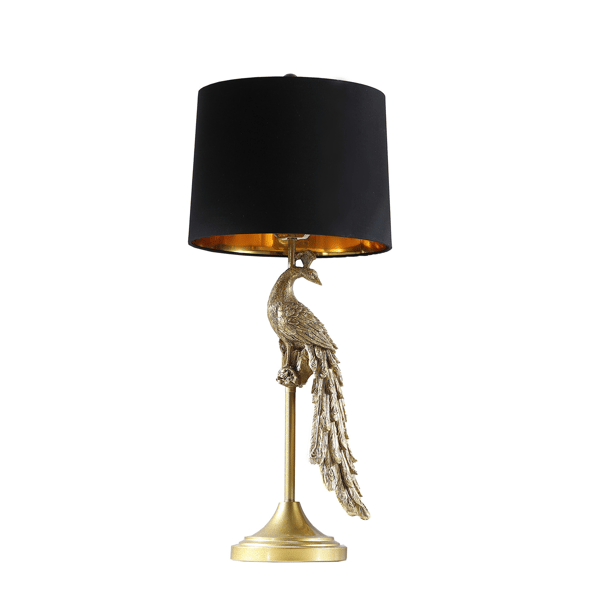 HomeRoots 29in. Gold Peacock Table Lamp with Black Drum Shade - image 