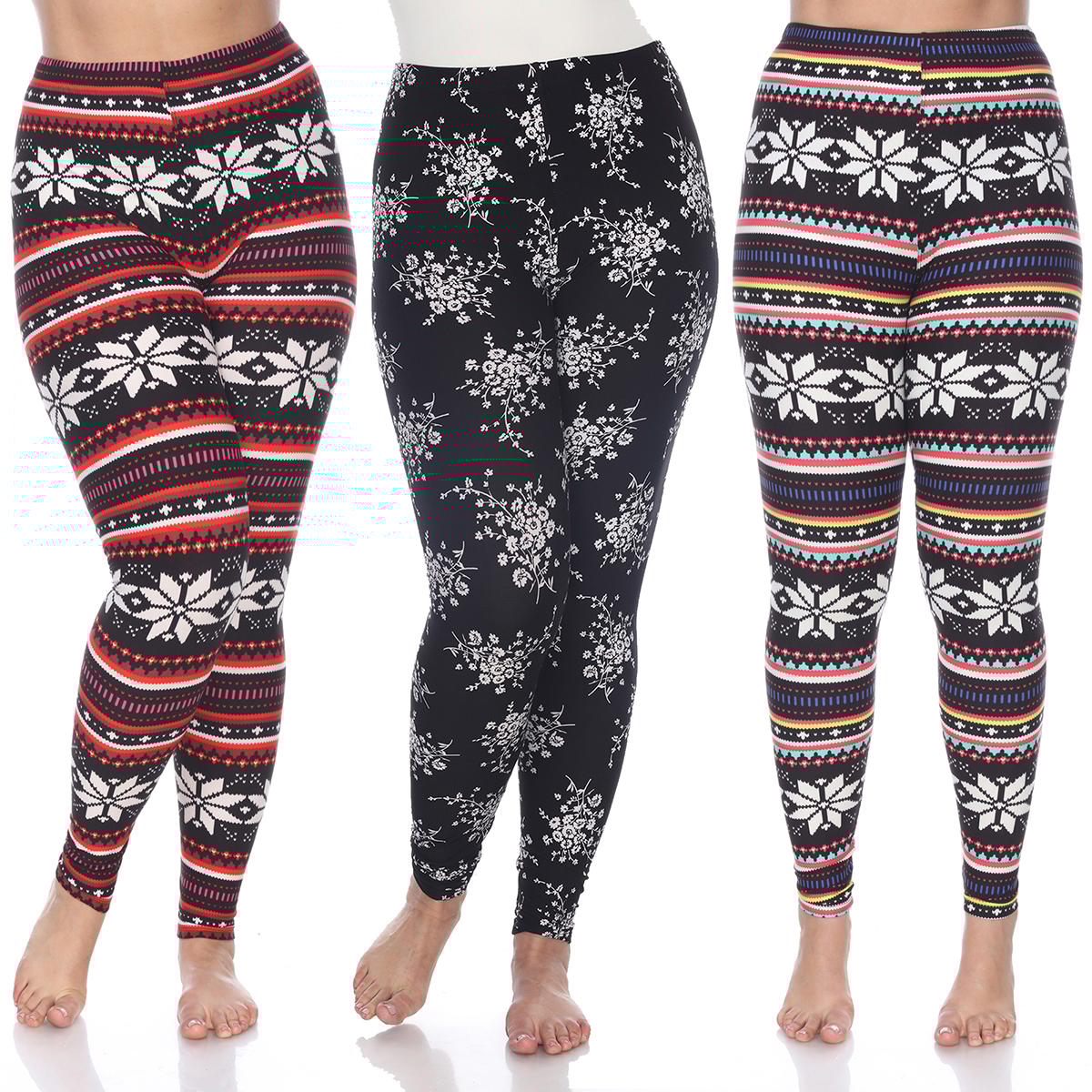 Plus Size White Mark 3pk. Floral & Snowflake Leggings
