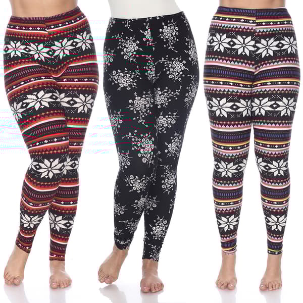 Plus Size White Mark Pack Of 3 Floral And Snowflake Leggings - image 