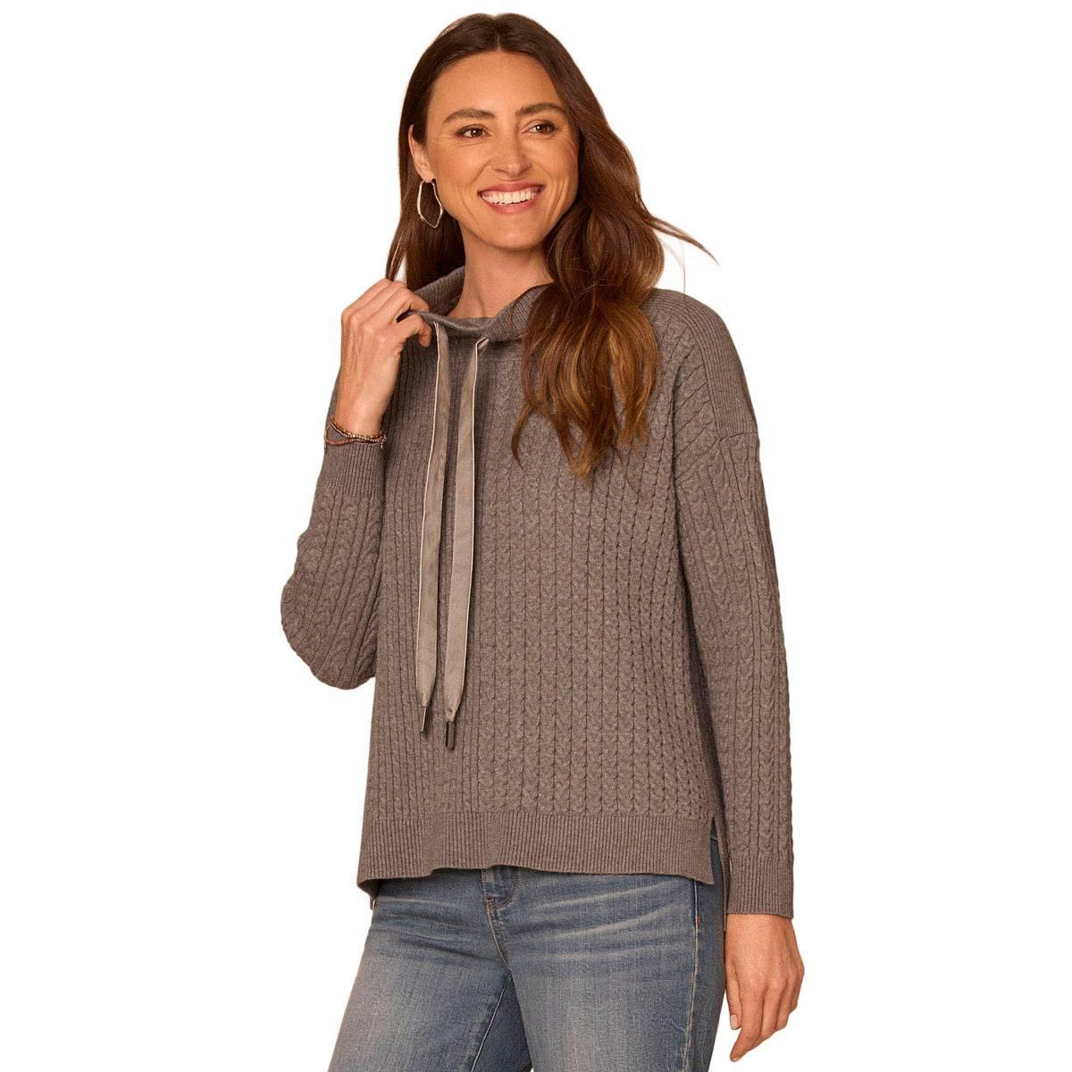 Womens Democracy Long Sleeve Cable Knit Drawstring Neck Sweater