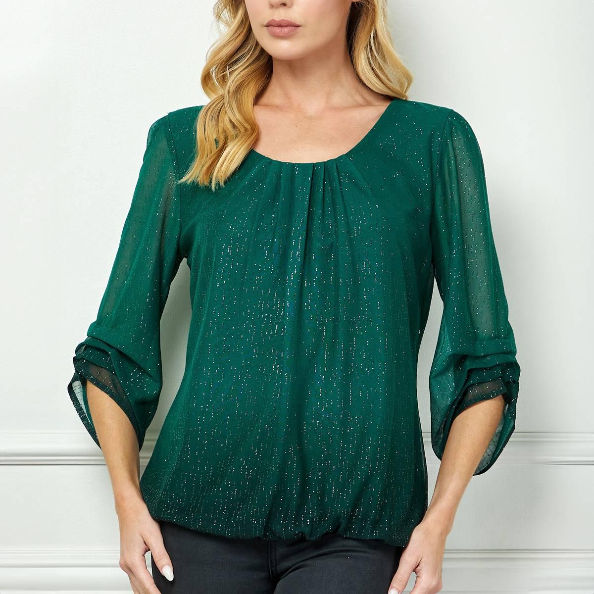 Womens Sara Michelle 3/4 Ruch Sleeve Matte Glitter Blouse