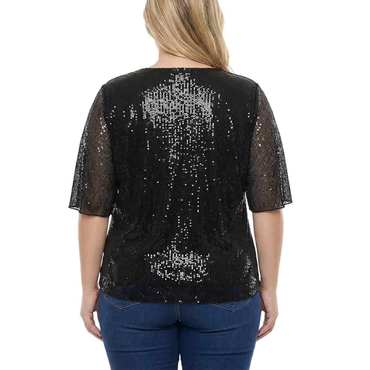 Plus Size NY Collection Split Sleeve Scoop Neck Sequin Blouse