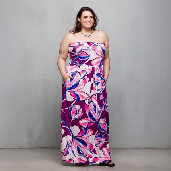 Plus Size 24/7 Comfort Apparel Purple Floral Strapless Maxi Dress