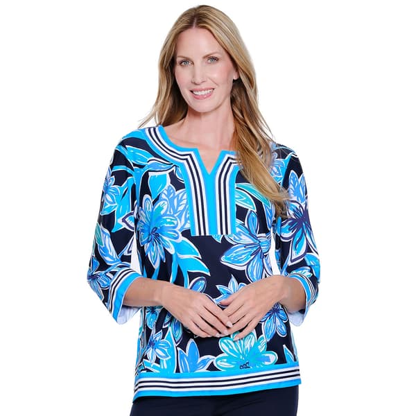 Petite Multiples 3/4 Sleeve Split Neck Floral Stripe Blouse - image 