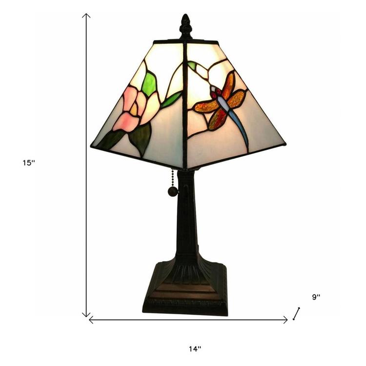 HomeRoots 15in. Dragonfly Floral Glass Candlestick Table Lamp