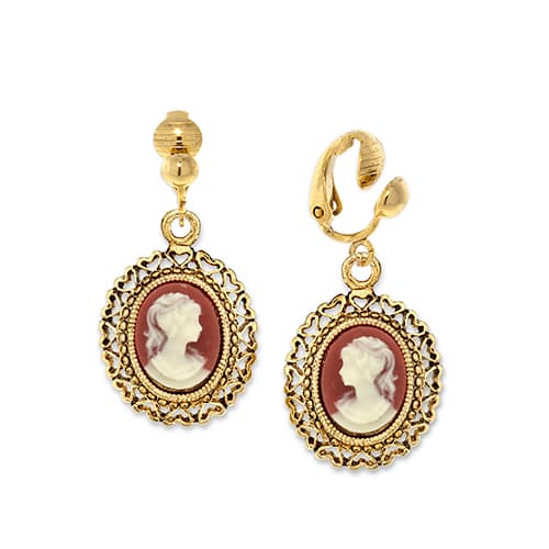 1928 Brass Faux Cameo Oval Clip On Earrings - image 