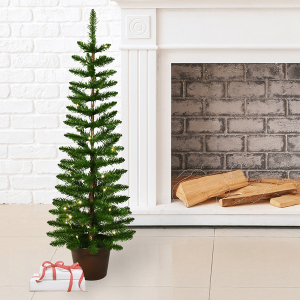 Santa''s Workshop 4ft. Pre-Lit Warm White Green Slim Potted Tree