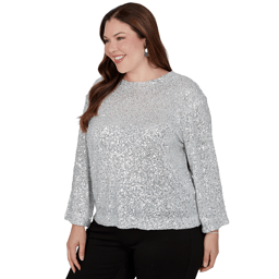 Plus Size Skye’s the Limit Icy Blue Sparkle Allover Sequin Blouse