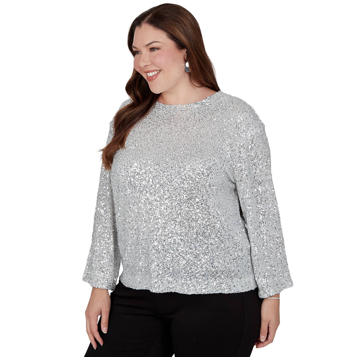 Plus Size Skye’s the Limit Icy Blue Sparkle Allover Sequin Blouse