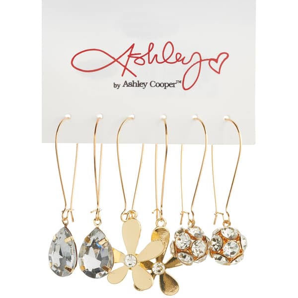 Ashley 3pr. Glass Stones/Fireball/Metal Flower Earrings - image 