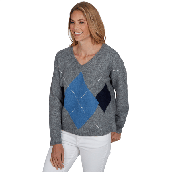 Womens Hearts of Palm Autumn Breeze V Neck Argyle Sweater