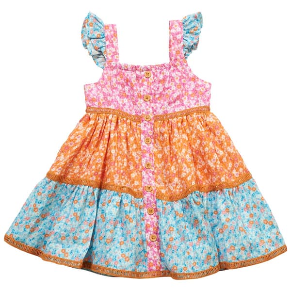 Toddler Girl Rare Editions Floral Color Block Dress w/ Buttons - image 