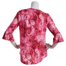 Womens Notations 3/4 Ruffle Sleeve Keyhole Jacquard Blouse
