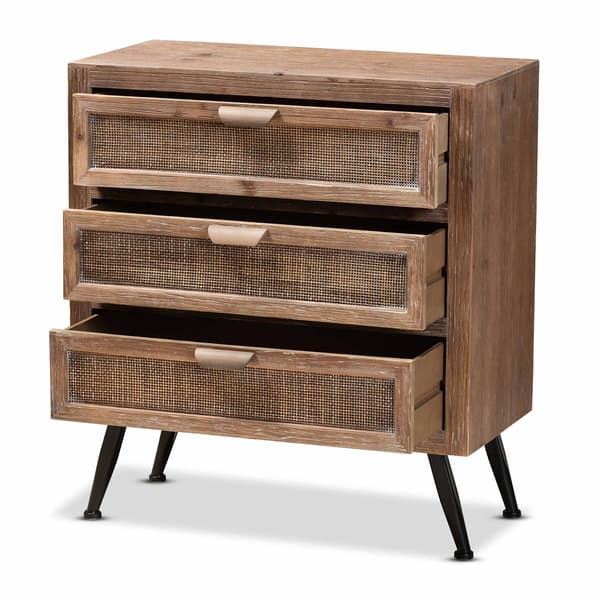 Baxton Studio Calida Finish Wood/Rattan 3-Drawer Nightstand