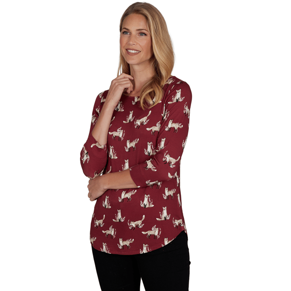 Petite Emaline Key Items 3/4 Sleeve All Over Fox Tee