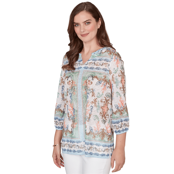 Womens Ruby Rd. Seas The Day 3/4 Sleeves Coastal Ocean Blouse