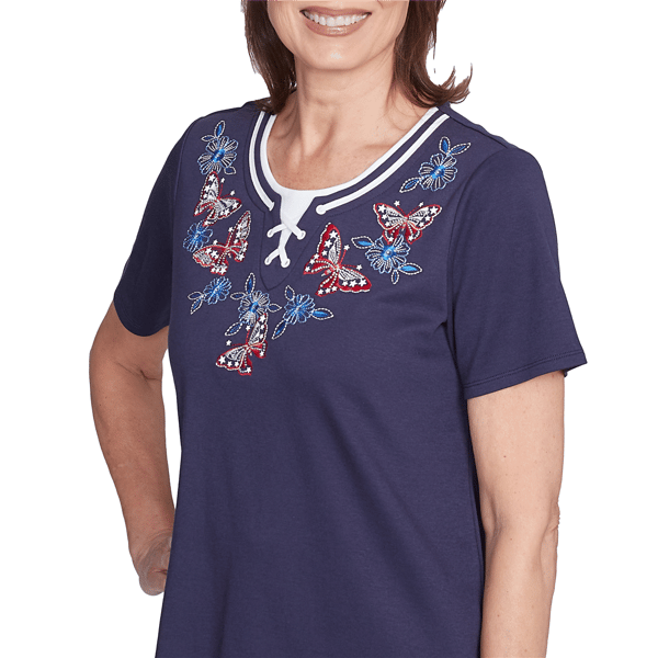 Womens Alfred Dunner Land of the Free Round Neck Butterfly Tee
