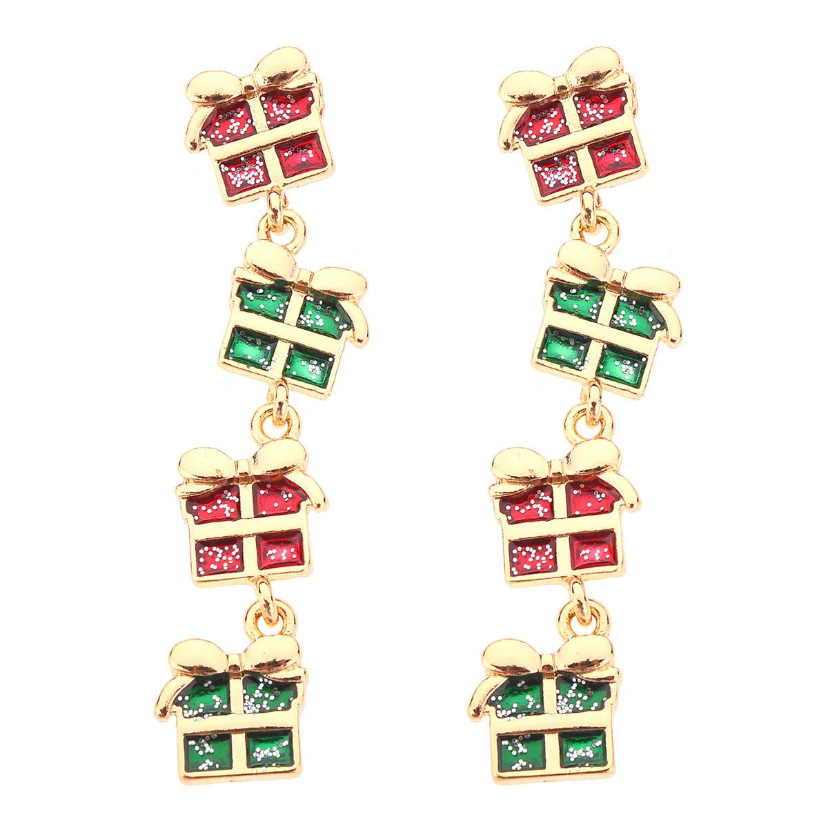 Gold-Tone 4 Tier Red/Green Enamel Glitter Present Earrings