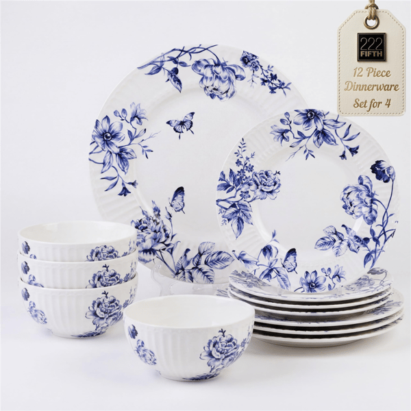 222 Fifth Cassian Embossed Toile Blue 12pc. Dinnerware Set - image 