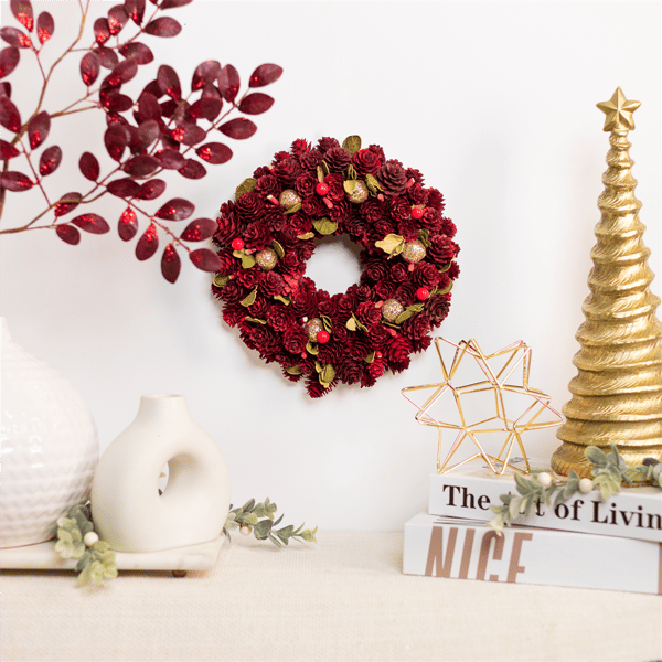 Northlight 9.5in. Red & Gold Pinecone & Ornament Christmas Wreath