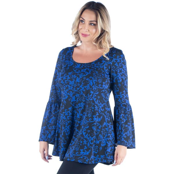 Plus Size 24/7 Comfort Apparel Blue Floral Bell Sleeve Tunic