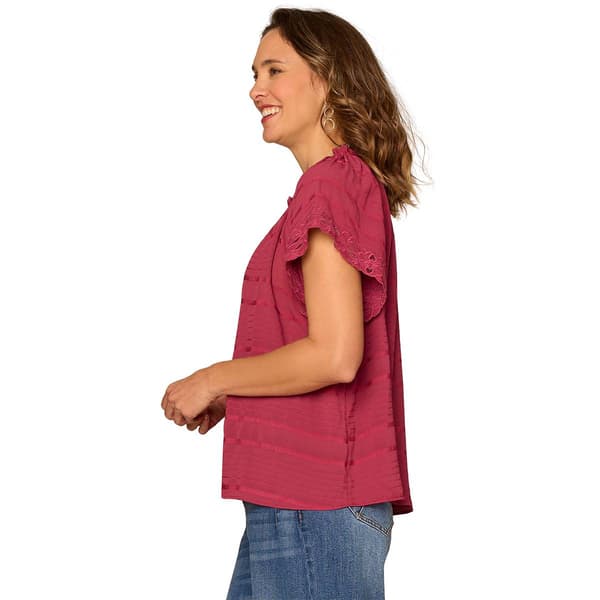 Plus Size Democracy Short Sleeve Ruffle Split Neck Woven Blouse