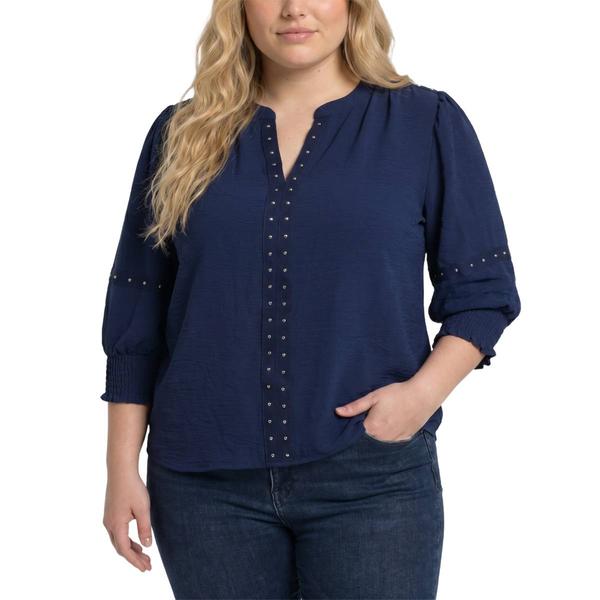 Plus Size NY Collection Long Sleeve Solid Airflow Splitneck Blou - image 