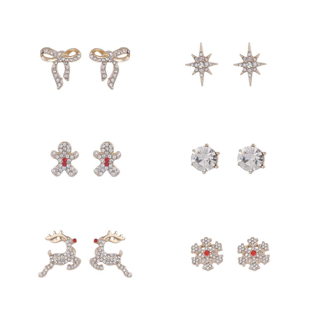 6pc. Bow/Star/Gingerbread Man/Reindeer/Snowflake/Crystal Earrings