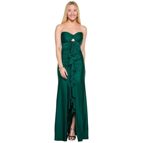 Juniors Emerald Sundae Sateen Strapless Ruffle Front A-Line Dress - image 