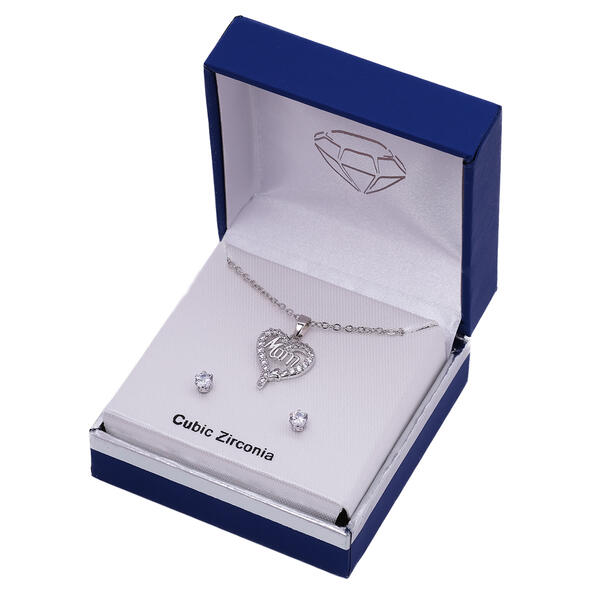 Cubic Zirconia Small Mom Heart Necklace & Earrings Set - image 