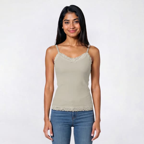 Juniors One Step Up Rib Lace Trim Camisole with Bow - image 